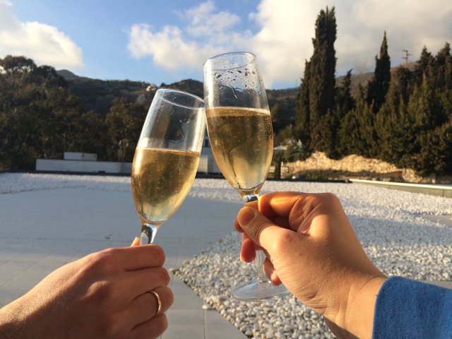 Toasting with cava in our room at the Hotel Balneario Lanjarón