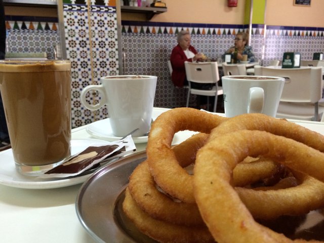 Having tejeringo churros in Cafeteria Los Valle in El Perchel Málaga